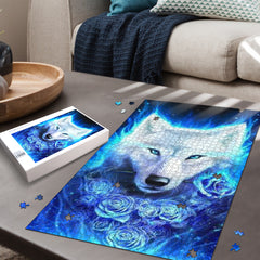 White Wolf Blue Rose Jigsaw Puzzle